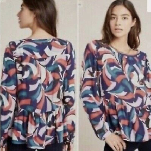 Maeve Anthropologie Cheyenne Bird Print Peplum Top blouse small artistic bold - Picture 2 of 9